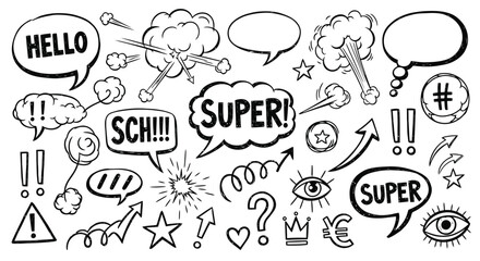 Hand drawn comic speech bubbles and explosion elements set. © Muginandaru