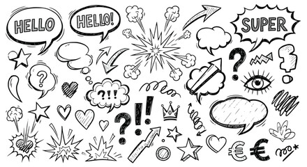 Hand drawn comic speech bubbles and doodle elements set. © Muginandaru