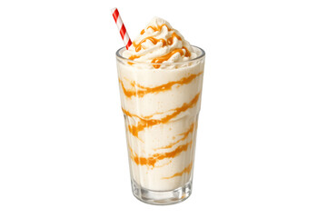 Caramel milkshake with whipped cream and syrup, a sweet dessert drink in a glass with a straw on transparent background