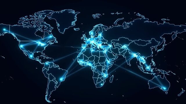 Luminous nodes and pulsating lines connecting factories and hubs with moving packages on a dark global map concept of supply chain and logistics network