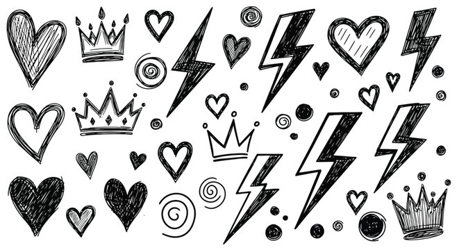 Hand drawn doodle set with hearts crowns and lightning bolts.