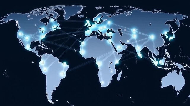Luminous nodes and pulsating lines connecting factories and hubs with moving packages on a dark global map concept of supply chain and logistics network