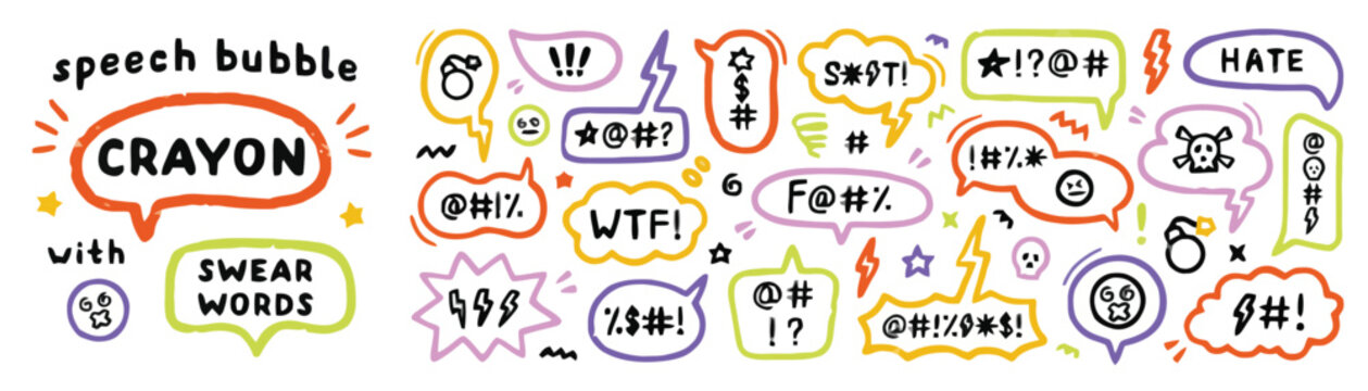 Crayon Drawn Speech Bubbles with Swear Words and Exclamations.