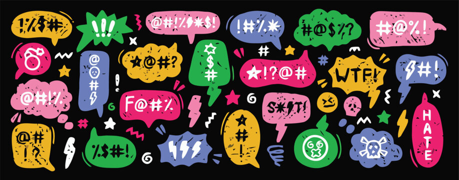 Colorful Hand Drawn Swear Speech Bubbles with Expletives and Symbols.