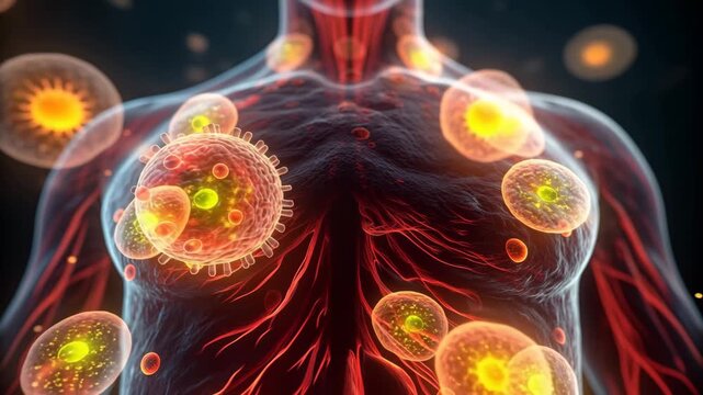 Infected human chest virus cell pathogen immune anatomy virus particle spread immune response in chest infection inflammation