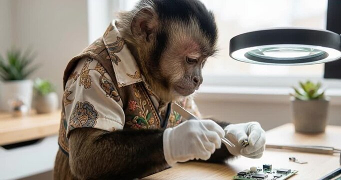 Primate working on electronic circuit board