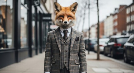 Naklejka premium A fox in a tailored suit stands on a sidewalk, merging animal and human characteristics