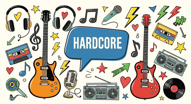 Hardcore Music Doodle Set with Guitars Headphones and Boombox.