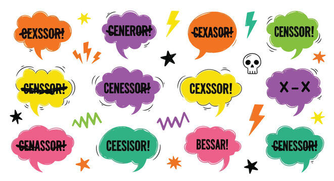 Censored speech bubbles with expletive words graphic design elements.