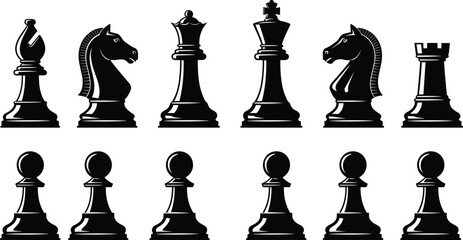 Black chess pieces collection set featuring king queen bishop knight rook and pawns isolated on white background for strategy game design © Farzana