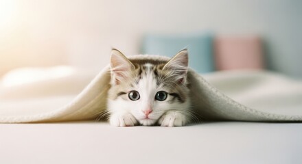 A kitten peeks out from under a blanket, with blue and pink pillows blurred in the background