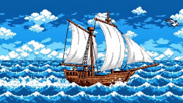 Pixel art illustration of a sailing ship on the ocean.