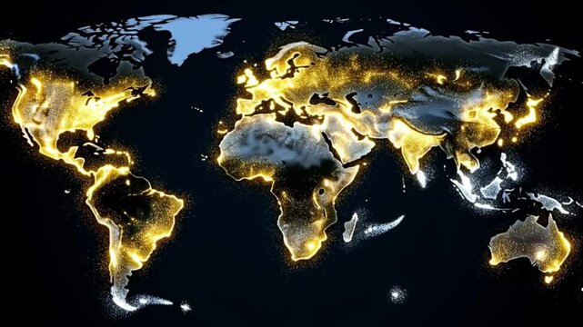 Rivers of golden and silver particles flowing across a dark map and converging into financial hubs with sparkling transactions concept of global finance and capital flow