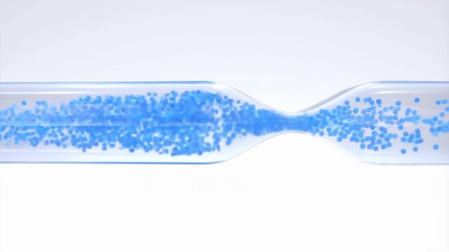 Smooth flow of blue particles clearing a bottleneck in a transparent pipeline and accelerating in a minimalist environment concept of process optimization and efficiency