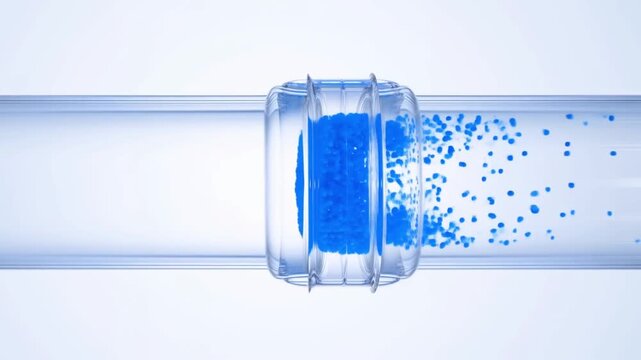 Smooth flow of blue particles clearing a bottleneck in a transparent pipeline and accelerating in a minimalist environment concept of process optimization and efficiency