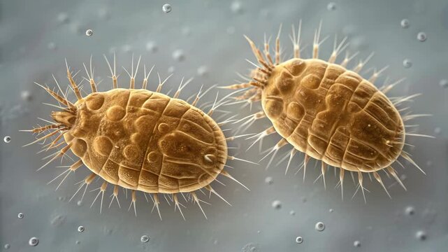 Brown microscopic parasite mite arachnid spiky setae oval textured body fine hairs and spiny shell close up scientific view floating fluid showing