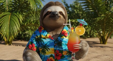 Obraz premium A sloth wearing a Hawaiian shirt enjoys a tropical cocktail on a sunny beach
