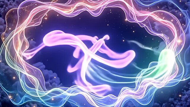 As the Astral Border Frame traced in stars and cosmic fog stands central, ribbons of liquid light twirl and weave in a dynamic ballet, blending shades of lavender and chartreuse into a