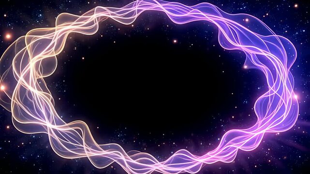 A unique Astral Border Frame traced in stars and cosmic fog unfolds within a kaleidoscope of colors, where tendrils of yellow and neon pink twist and turn in a swirling harmony, producing a