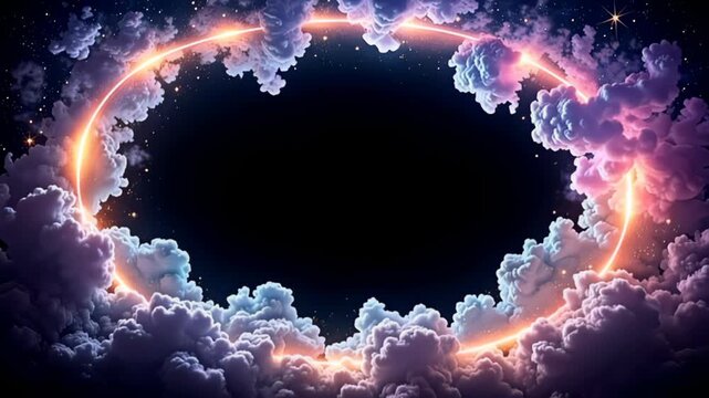 An ethereal display emerges as the Astral Border Frame traced in stars and cosmic fog hovers majestically, surrounded by swirling nebulous clouds of radiant colors that pulsate gently,