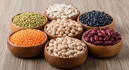 Fototapeta premium Assortment of dried legumes in wooden bowls, arranged on a light wood surface