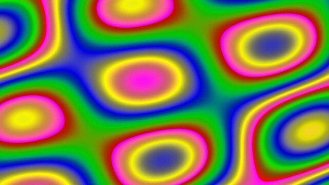 A vibrant, wavy pattern with colorful, interlocking ovals in bright hues