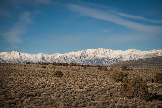 Snow covered mountains by the town of Wells Nevada, near Highway 93,  USA.
