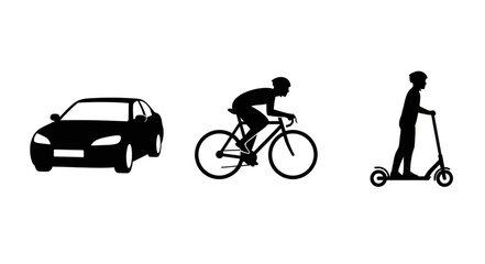 Obraz premium Silhouettes of a car, cyclist, and scooter on white background.