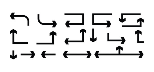 Set of Black Minimalist Angled Arrow Icons - Geometric Directional Pointers for Technical Diagrams, Web Navigation, Logical Flowcharts, and Minimalist UI Design Elements