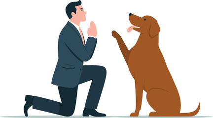 Businessman Kneeling in Prayer or Pleading to Dog Vector Illustration - Animal Therapy and Emotional Bond Concept