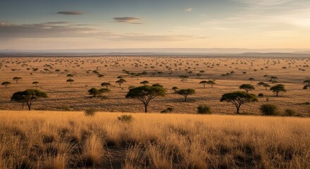 Fototapeta premium Expansive savanna landscape under a golden sky, dotted with acacia trees, serene and vast