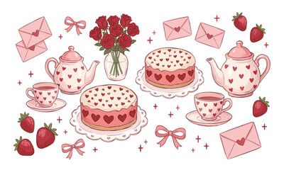 Naklejka premium Valentine day vector illustration set featuring pink tea pot, heart cake, red roses, strawberries, envelopes, and cute bows.