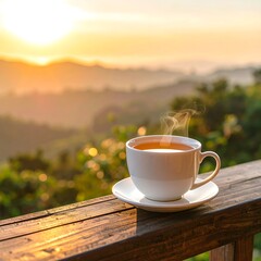 Warm drink steams in white cup on a wooden railing, sun setting behind blurred mountain scene
