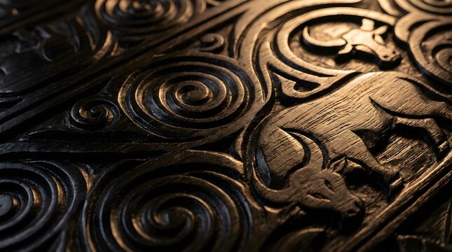Traditional Indonesian Wood Carving with Buffalo Motif and Spiral Patterns