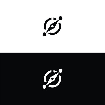 A modern digital compass logo depicting a central navigational arrow precisely framed by a circular path and connected points, representing focused direction and technological guidance.