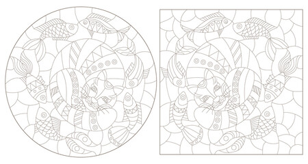 Obraz premium Set of contour illustrations in the style of stained glass with an abstract cat and fish , dark outlines on a white background