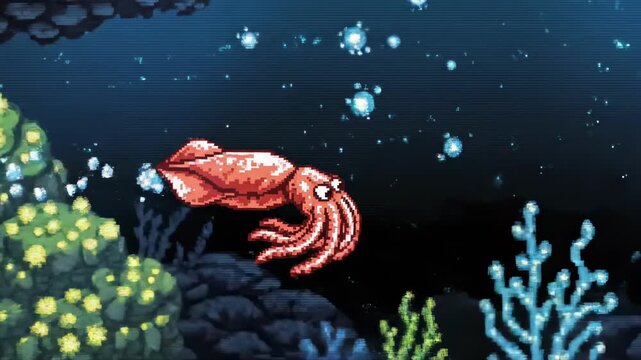 Underwater scene with a red octopus swimming near coral reefs.