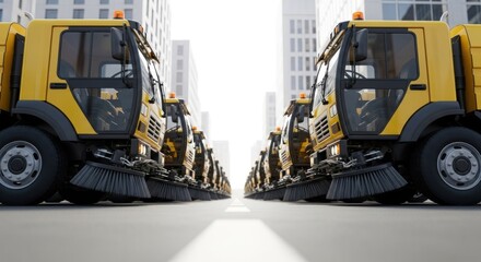 Row of yellow street cleaners parked in urban setting, facing the camera