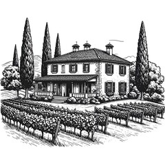 Vineyard villa Ink drawing of a vineyard with a large villa in the background, shaded with trees and shrubbery