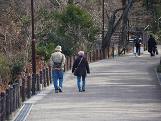冬の名古屋の東山動物園で歩くシニア夫婦の姿