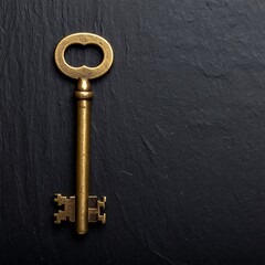 Vintage brass key on textured dark slate background, antique style, aged metal, close-up, warm tones, contrasted