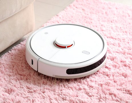 Modern, disc-shaped robot appliance sits on a fluffy, pink rug next to a neutral-toned sofa, showing home cleaning