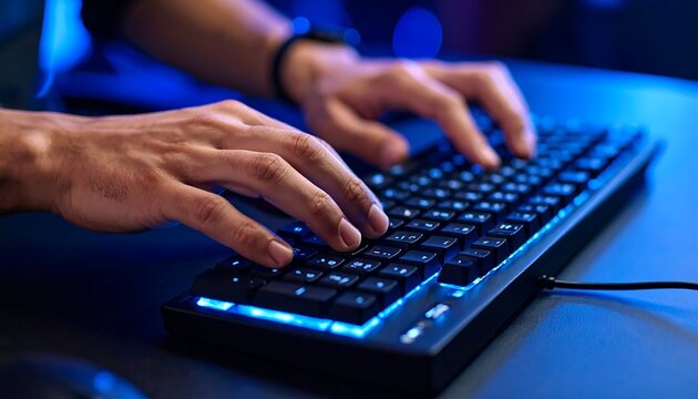 Close-up on a person's hands typing rapidly on a mechanical keyboard with blue LED backlighting. Focus is on keys and hands