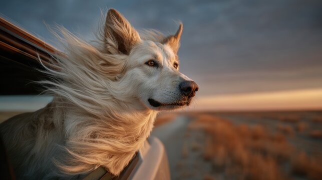Golden-hued dog enjoys open road view from a car window, fur blowing in the wind