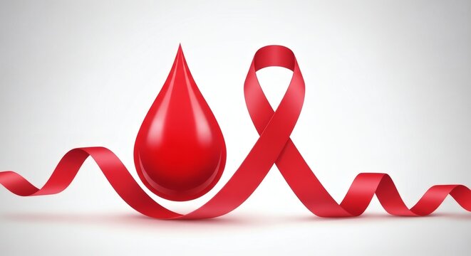 Red blood drop and awareness ribbon 3D render for health medical donation campaign isolated on white background perfect for National Aplastic Anemia & MDS Awareness Week