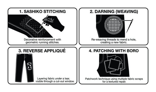 Four illustrations of japanese textile mending techniques on transparent background vector image