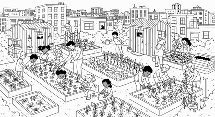 Crowded Rooftop Scene with People and Buildings.