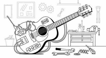 Guitar Repair Tools and Equipment Surrounding.
