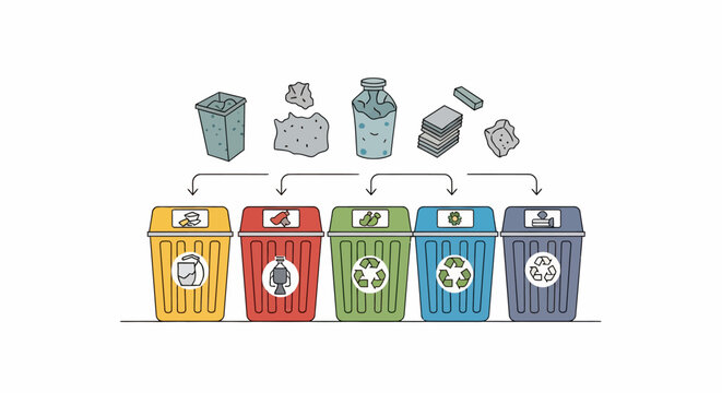 Colorful Recycling Bins with Waste Sorting.