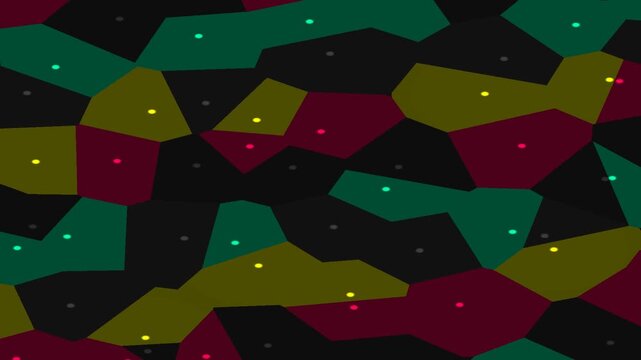 Abstract geometric pattern in dark red, green, yellow, and black polygons with scattered dots for modern design